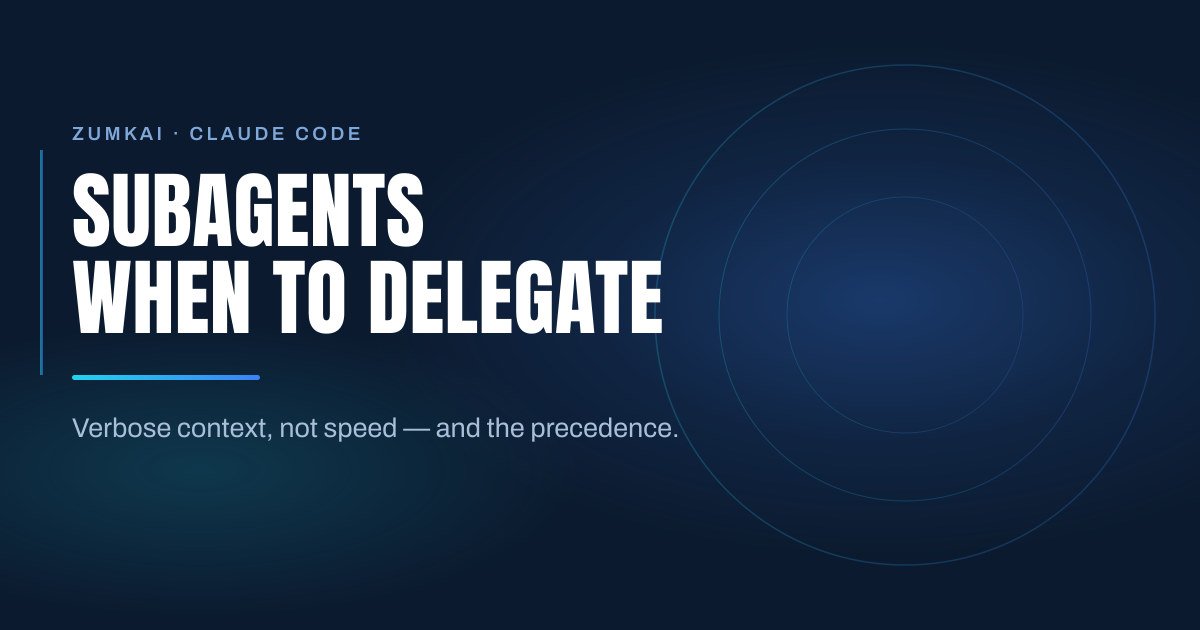 Dark navy cover with the title Subagents in Claude Code: when to delegate in condensed type, a cyan-to-blue gradient rule, and concentric rings on the right.