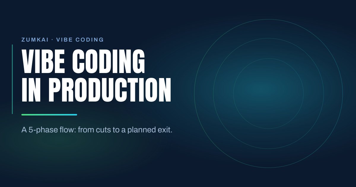 Dark navy cover with the title Vibe coding in production: professional workflow in condensed type, a mint green-to-cyan gradient rule, and concentric rings on the right.